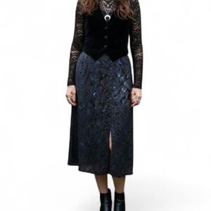 Vintage Revue Black Rayon Midi Skirt Button Down Front Slit 90s Whimsigoth Size